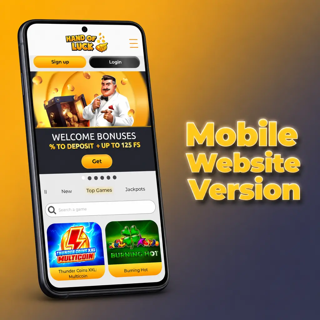 HandofLuck mobile website open in a browser, showing quick access to odds, in-play betting and casino slots